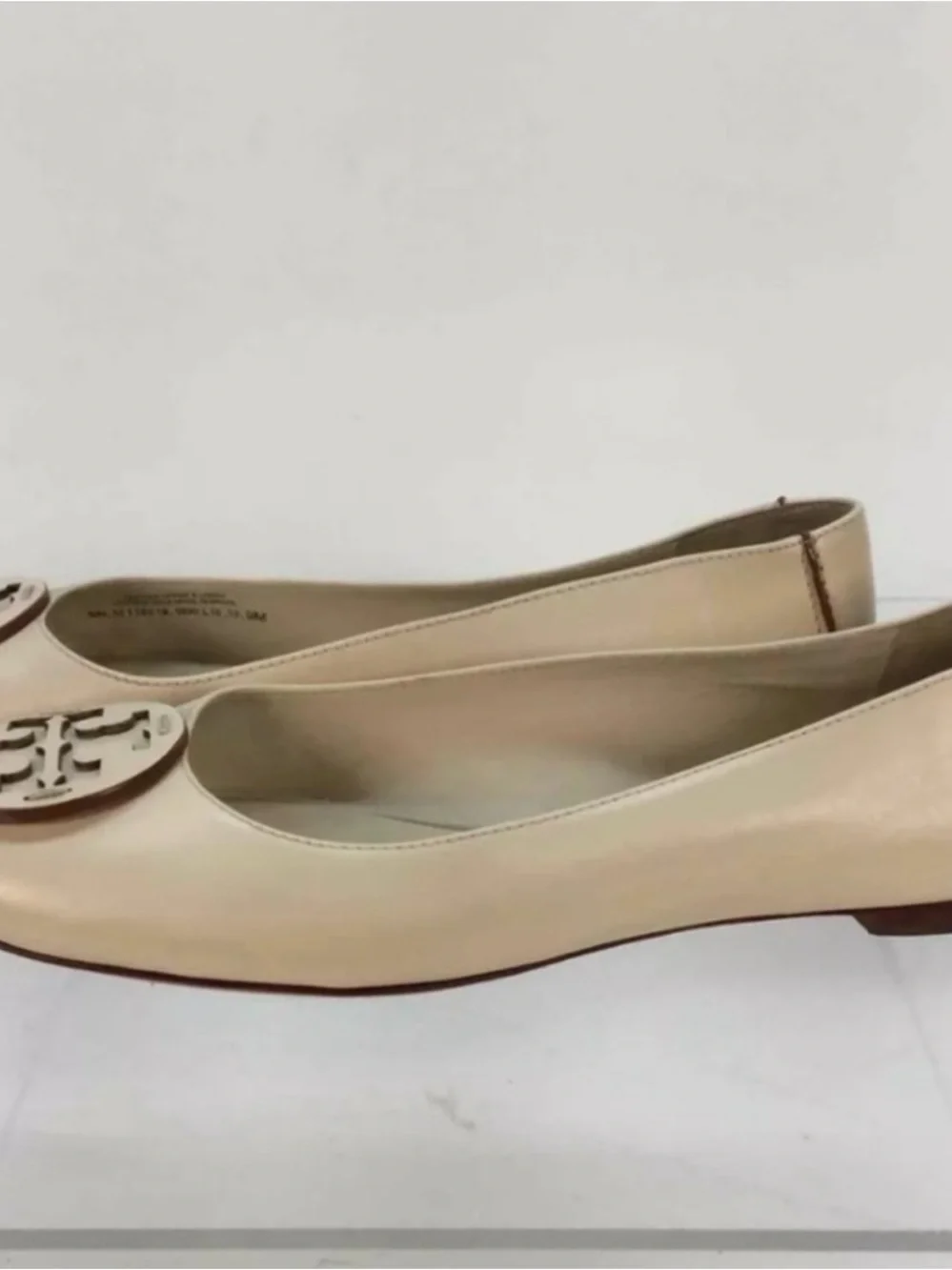 Tory Burch Neutral Leather Logo Round-Toe Flats